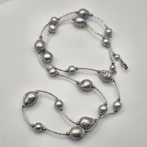 LUC Sterling Silver 925 Pearl Necklace Grey Baroque Iridescent Formal Wedding